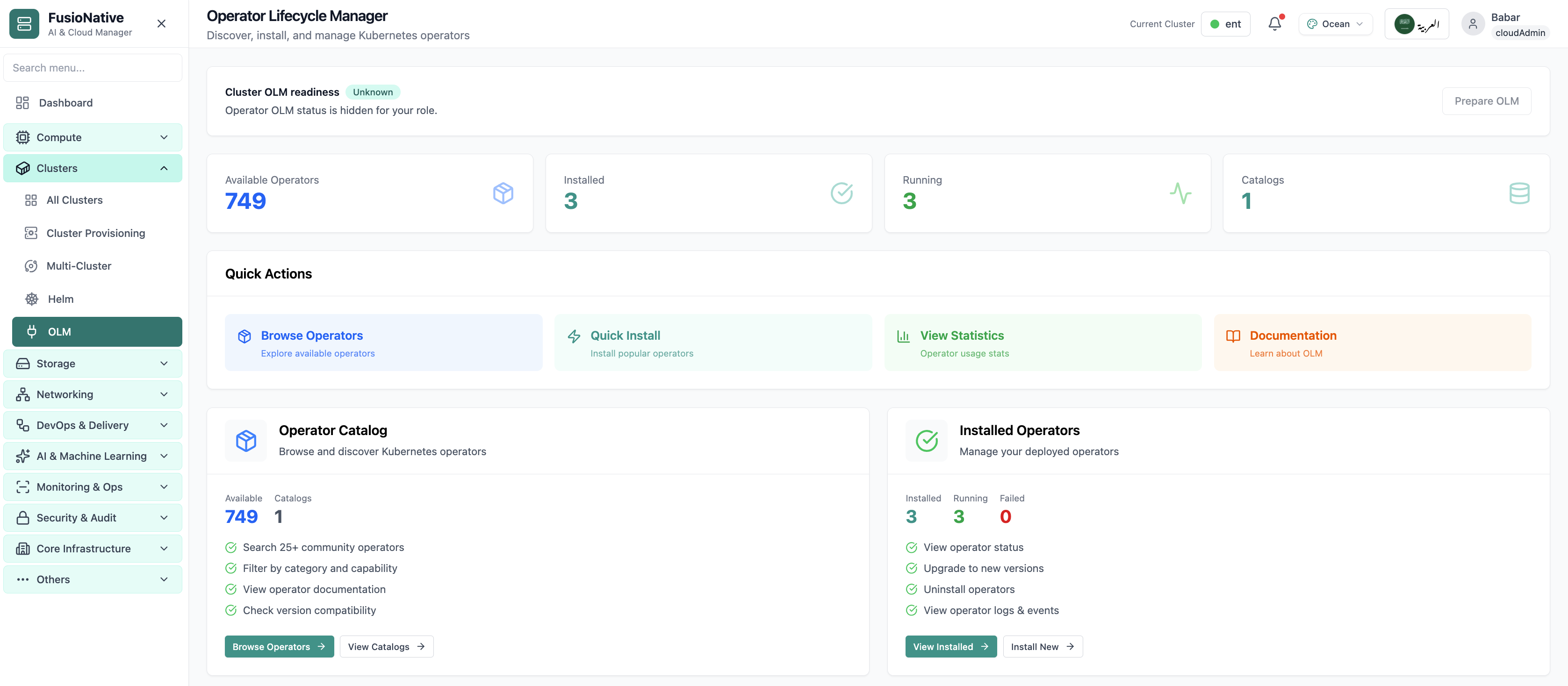 OLM operators and subscriptions view.